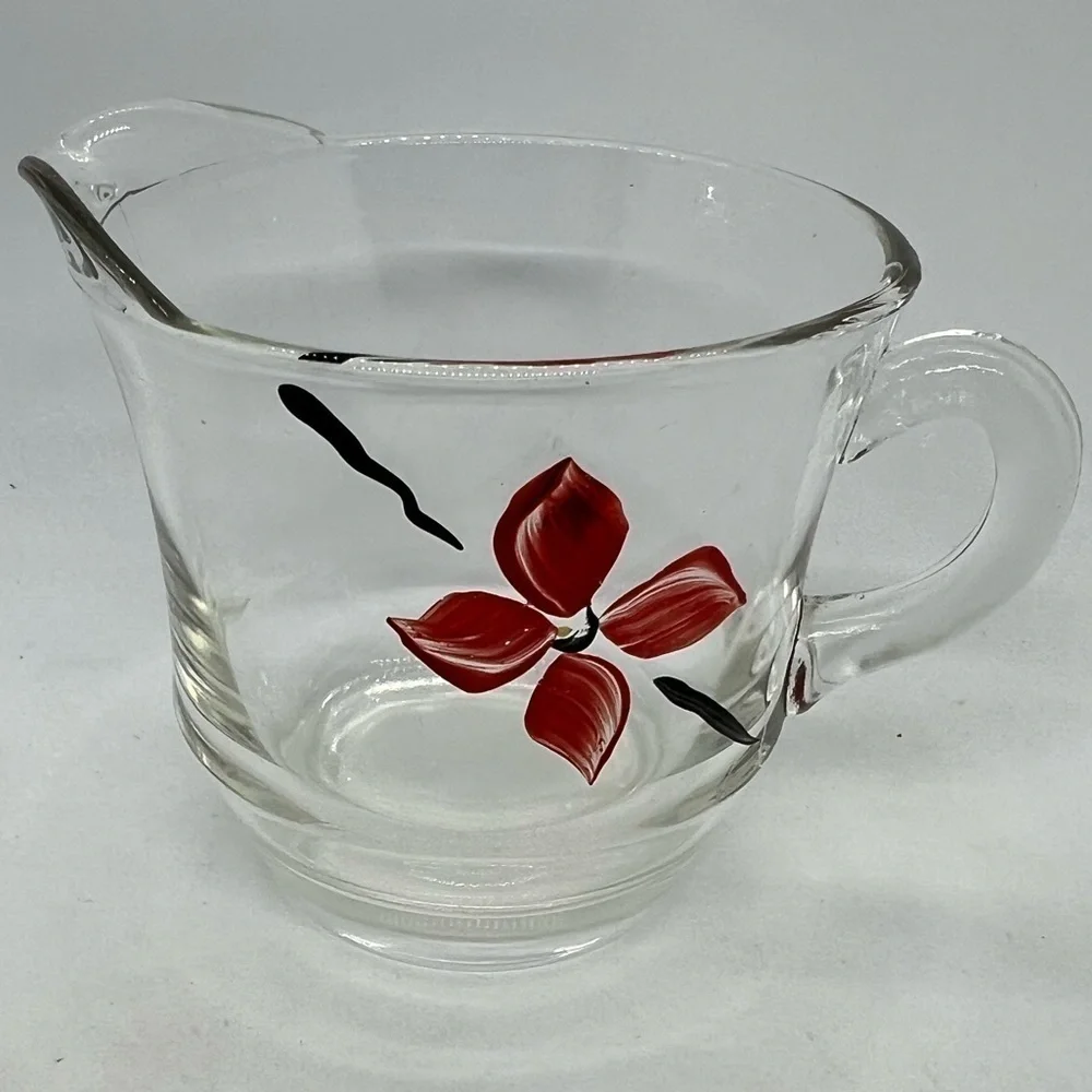 Vtg Sugar Creamer Set Handpainted Glass Poinsettia Floral Christmas Serveware